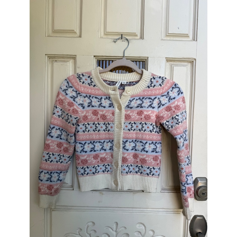Janie and Jack Kids Pink Blue Floral Fair Isle Cotton Wool Cardigan Size 8